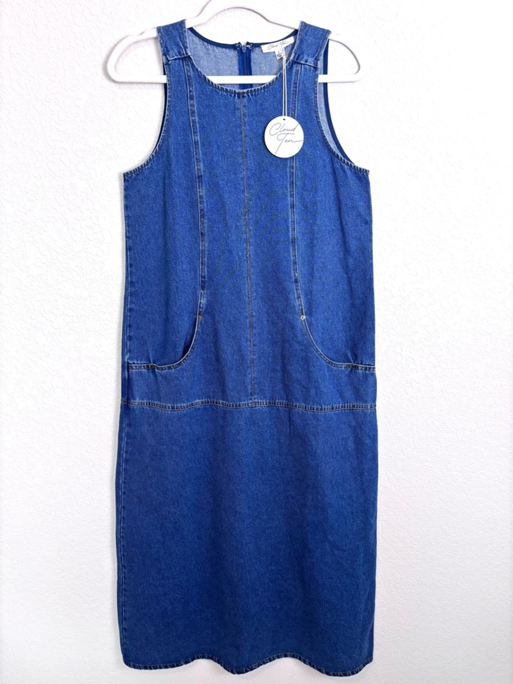 NWT Cloud Ten Blue Denim Pinafore Maxi Dress Women’s Small Charming Relaxed